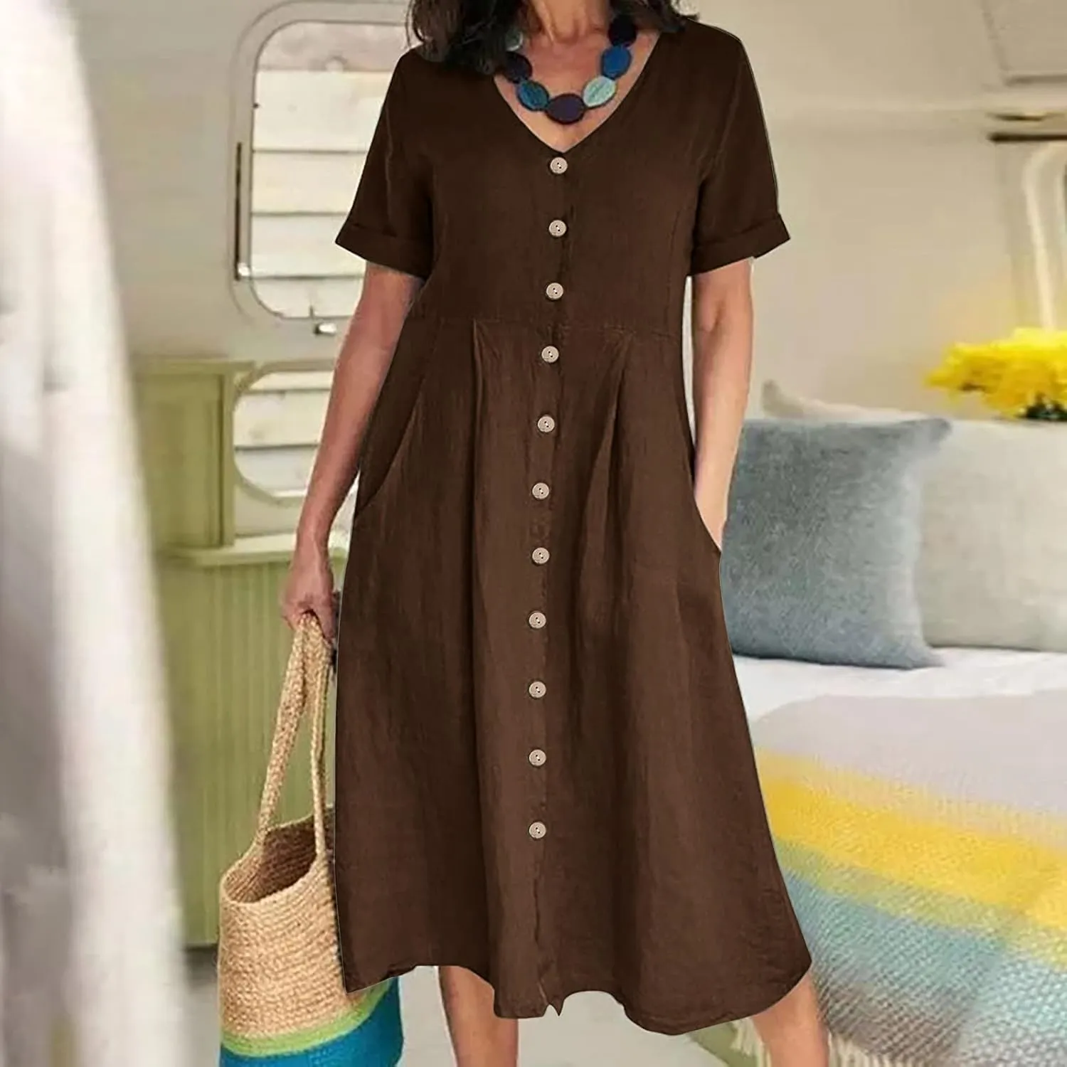 Summer Dresses for Women 2025 Casual Plus Size Short Sleeve V Neck Midi Dresses Spring Beach Vacation Outfits
