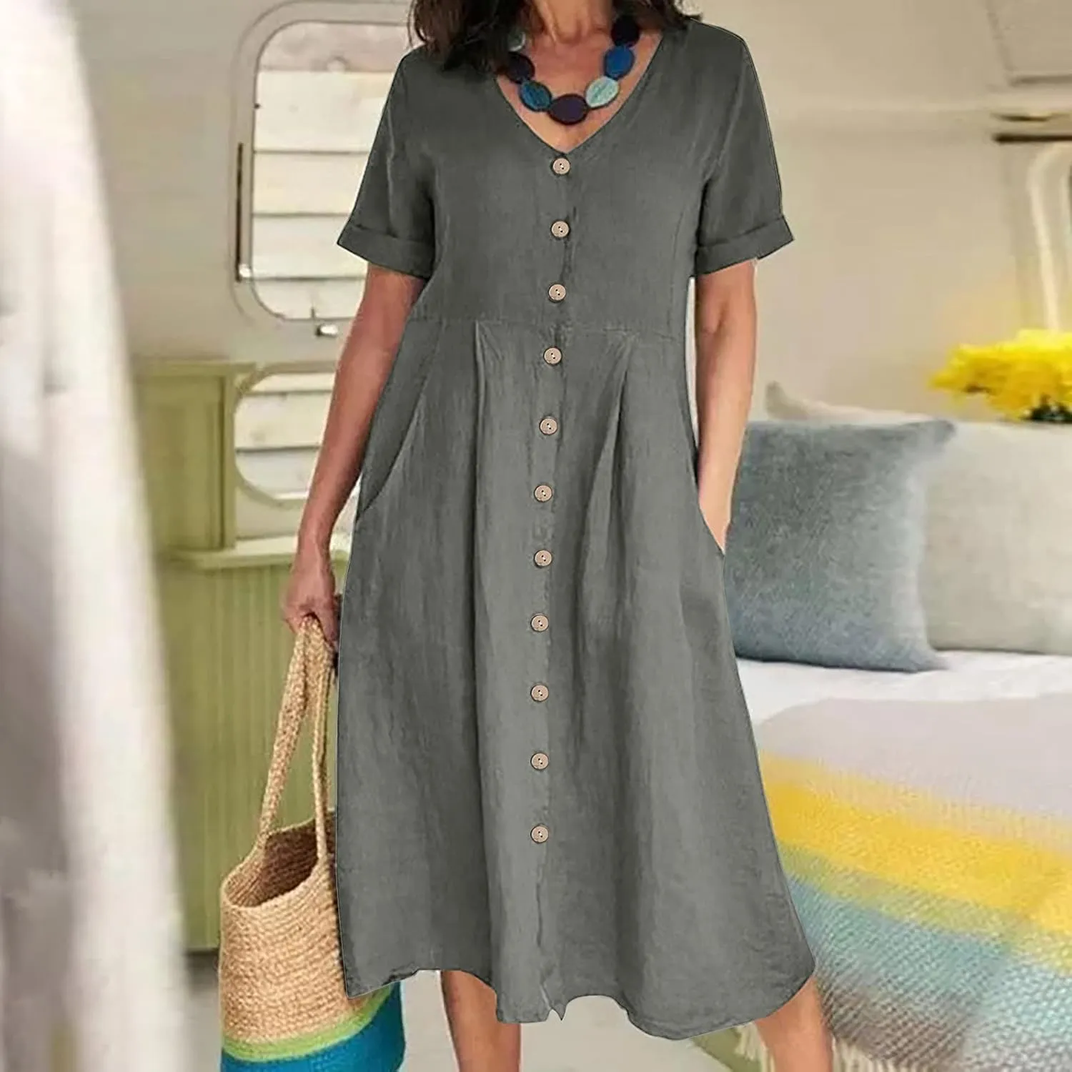 Summer Dresses for Women 2025 Casual Plus Size Short Sleeve V Neck Midi Dresses Spring Beach Vacation Outfits
