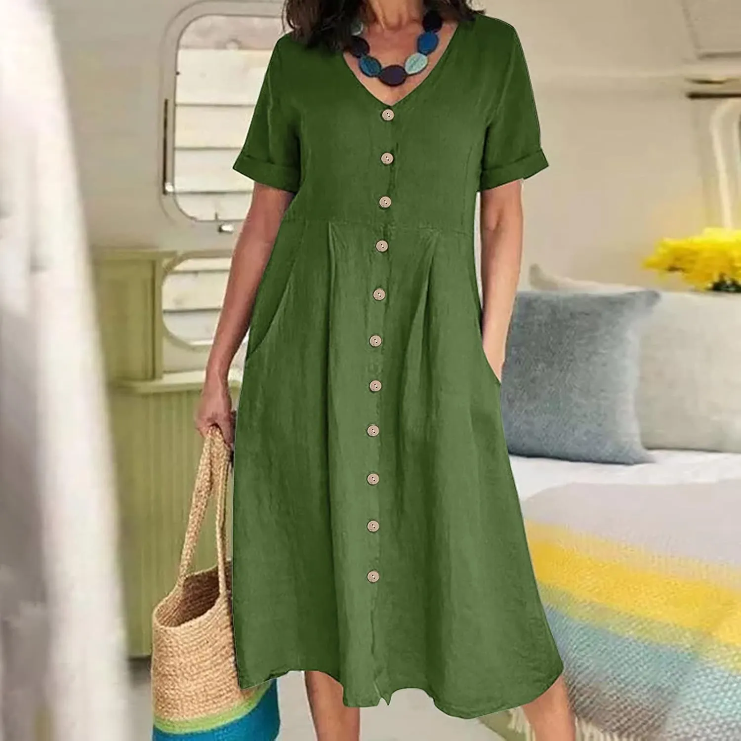 Summer Dresses for Women 2025 Casual Plus Size Short Sleeve V Neck Midi Dresses Spring Beach Vacation Outfits