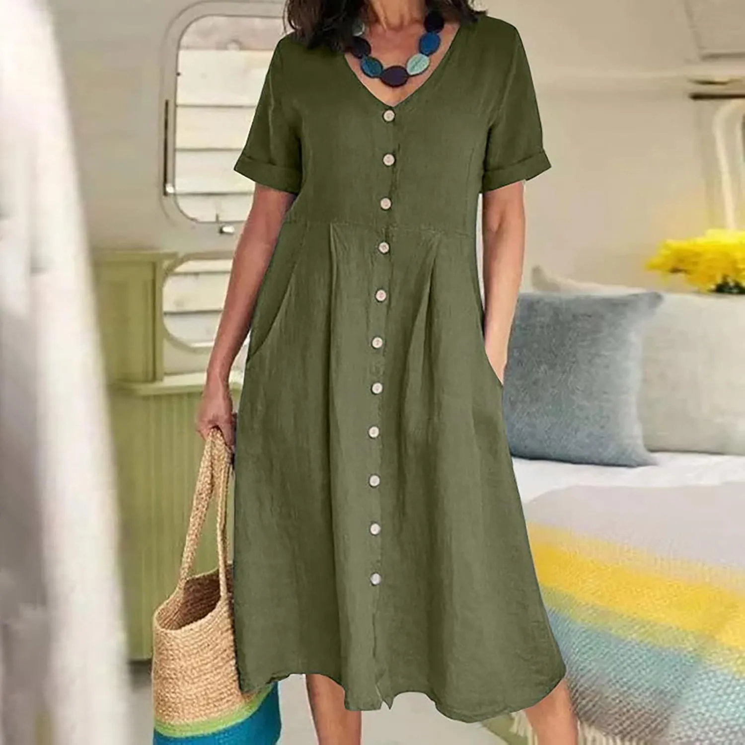 Summer Dresses for Women 2025 Casual Plus Size Short Sleeve V Neck Midi Dresses Spring Beach Vacation Outfits
