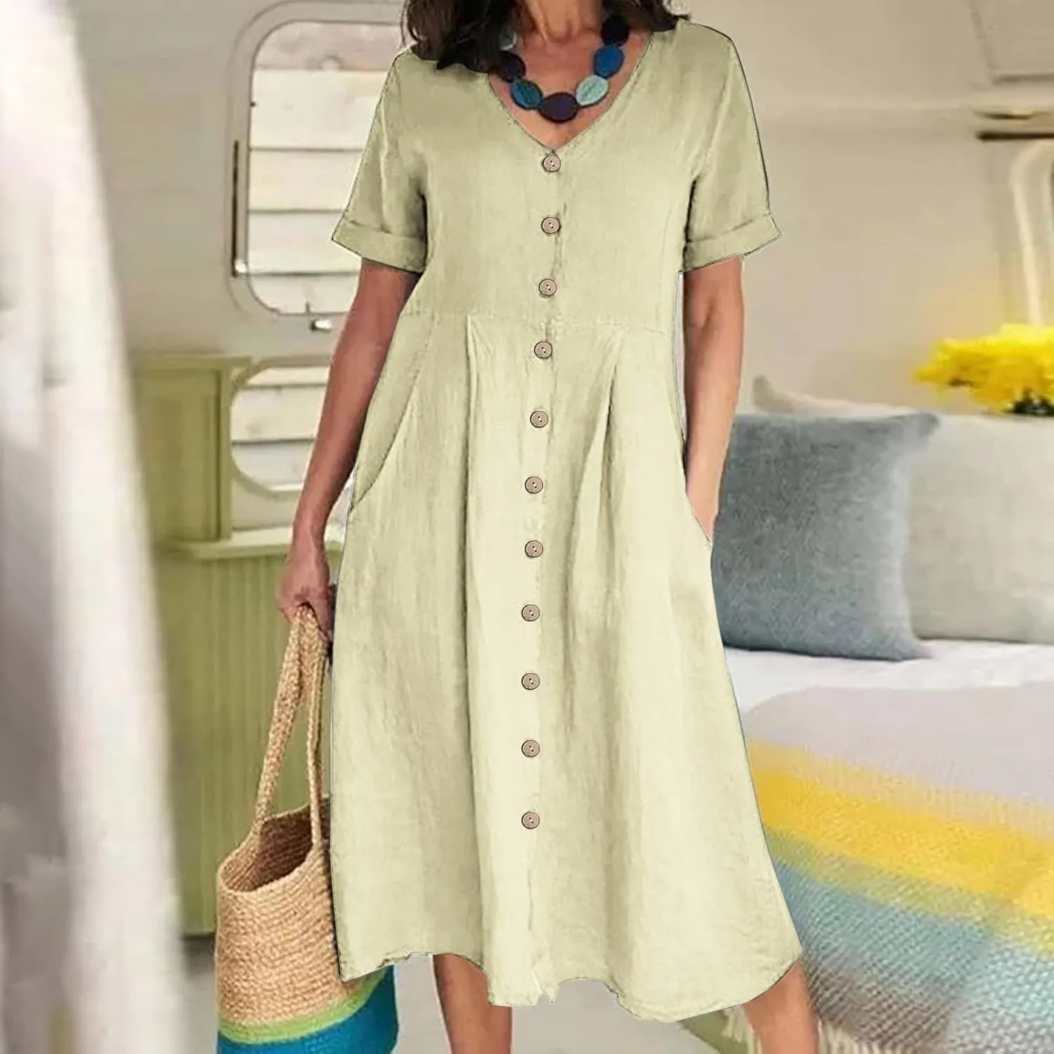 Summer Dresses for Women 2025 Casual Plus Size Short Sleeve V Neck Midi Dresses Spring Beach Vacation Outfits