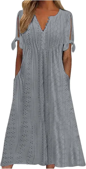 Summer Dresses for Women 2025 Loose Beach Vacation Flowy Dress Casual Crew Neck Short Sleeve Sundress with Pocket