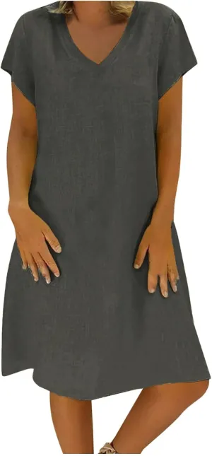 Summer Dresses for Women 2025 Short Sleeve Cotton Linen Knee Lenght Dresses Plus Size V Neck Spring Beach Vacation Clothes