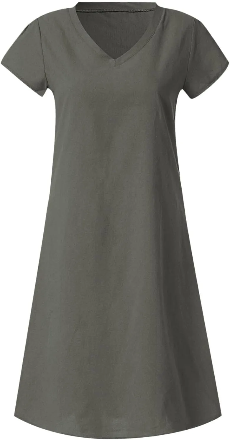 Summer Dresses for Women 2025 Short Sleeve Cotton Linen Knee Lenght Dresses Plus Size V Neck Spring Beach Vacation Clothes