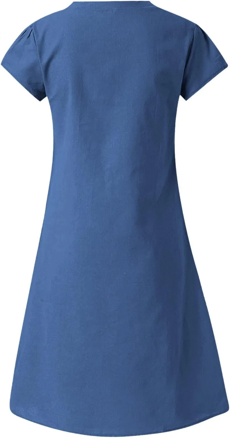 Summer Dresses for Women 2025 Short Sleeve Cotton Linen Knee Lenght Dresses Plus Size V Neck Spring Beach Vacation Clothes