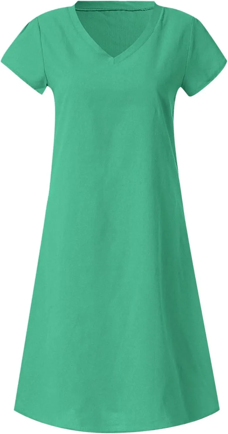 Summer Dresses for Women 2025 Short Sleeve Cotton Linen Knee Lenght Dresses Plus Size V Neck Spring Beach Vacation Clothes