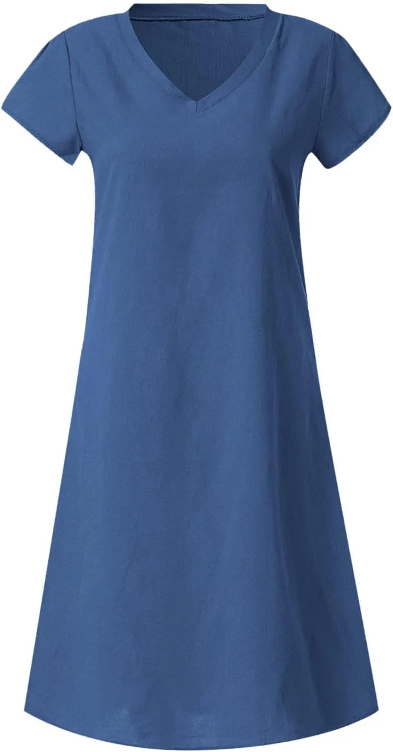 Summer Dresses for Women 2025 Short Sleeve Cotton Linen Knee Lenght Dresses Plus Size V Neck Spring Beach Vacation Clothes