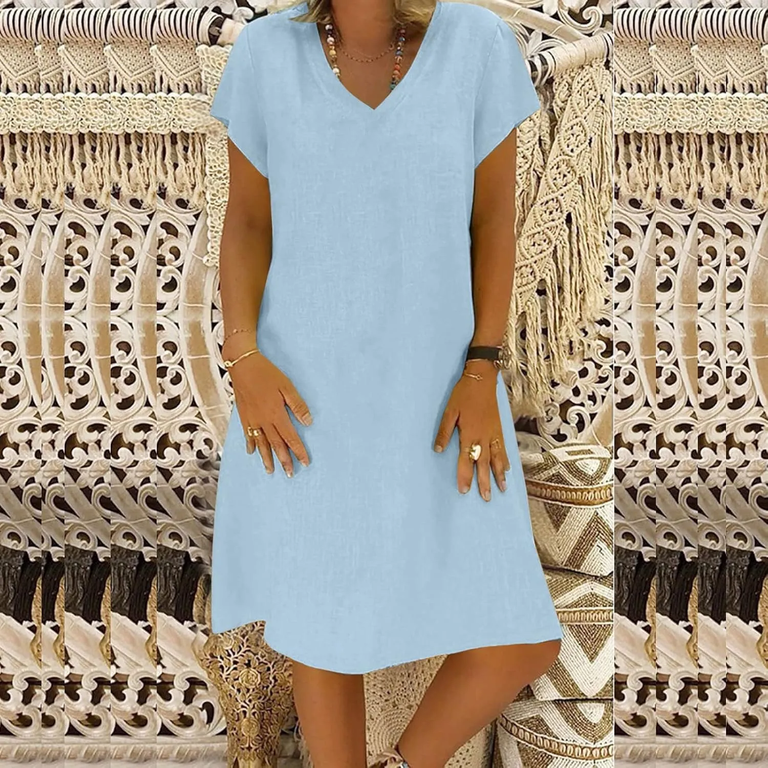 Summer Dresses for Women 2025 Short Sleeve Cotton Linen Knee Lenght Dresses Plus Size V Neck Spring Beach Vacation Clothes