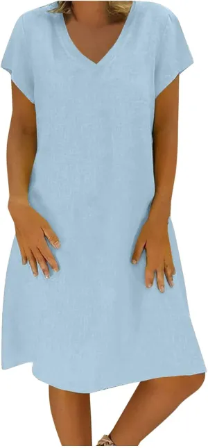 Summer Dresses for Women 2025 Short Sleeve Cotton Linen Knee Lenght Dresses Plus Size V Neck Spring Beach Vacation Clothes