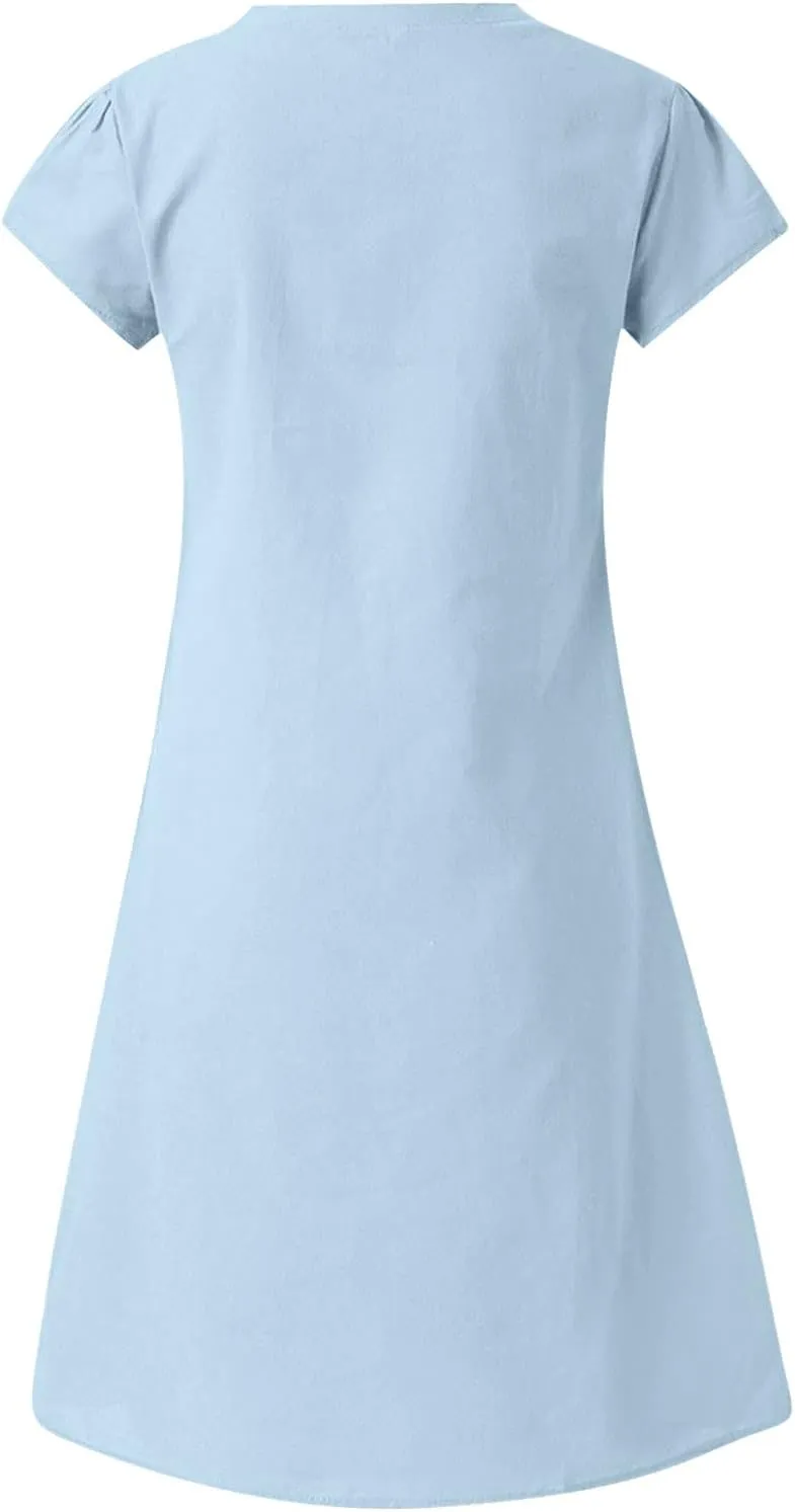 Summer Dresses for Women 2025 Short Sleeve Cotton Linen Knee Lenght Dresses Plus Size V Neck Spring Beach Vacation Clothes