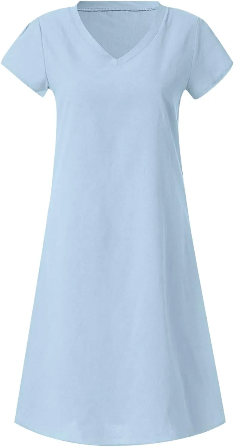 Summer Dresses for Women 2025 Short Sleeve Cotton Linen Knee Lenght Dresses Plus Size V Neck Spring Beach Vacation Clothes
