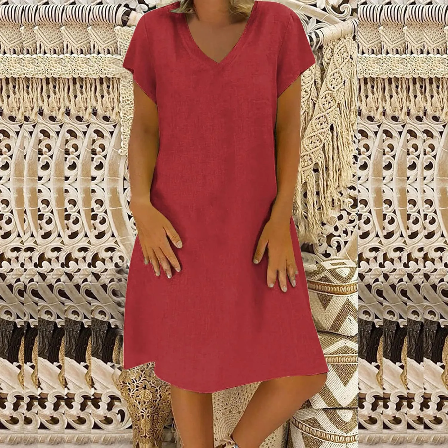 Summer Dresses for Women 2025 Short Sleeve Cotton Linen Knee Lenght Dresses Plus Size V Neck Spring Beach Vacation Clothes