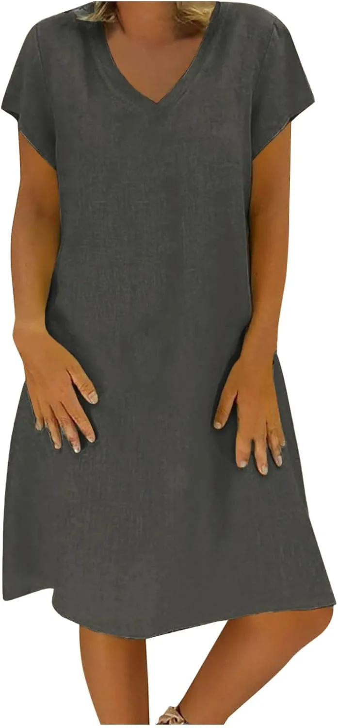 Summer Dresses for Women 2025 Short Sleeve Cotton Linen Knee Lenght Dresses Plus Size V Neck Spring Beach Vacation Clothes