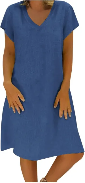 Summer Dresses for Women 2025 Short Sleeve Cotton Linen Knee Lenght Dresses Plus Size V Neck Spring Beach Vacation Clothes