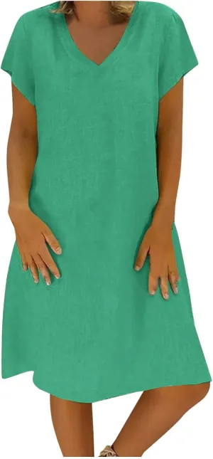 Summer Dresses for Women 2025 Short Sleeve Cotton Linen Knee Lenght Dresses Plus Size V Neck Spring Beach Vacation Clothes