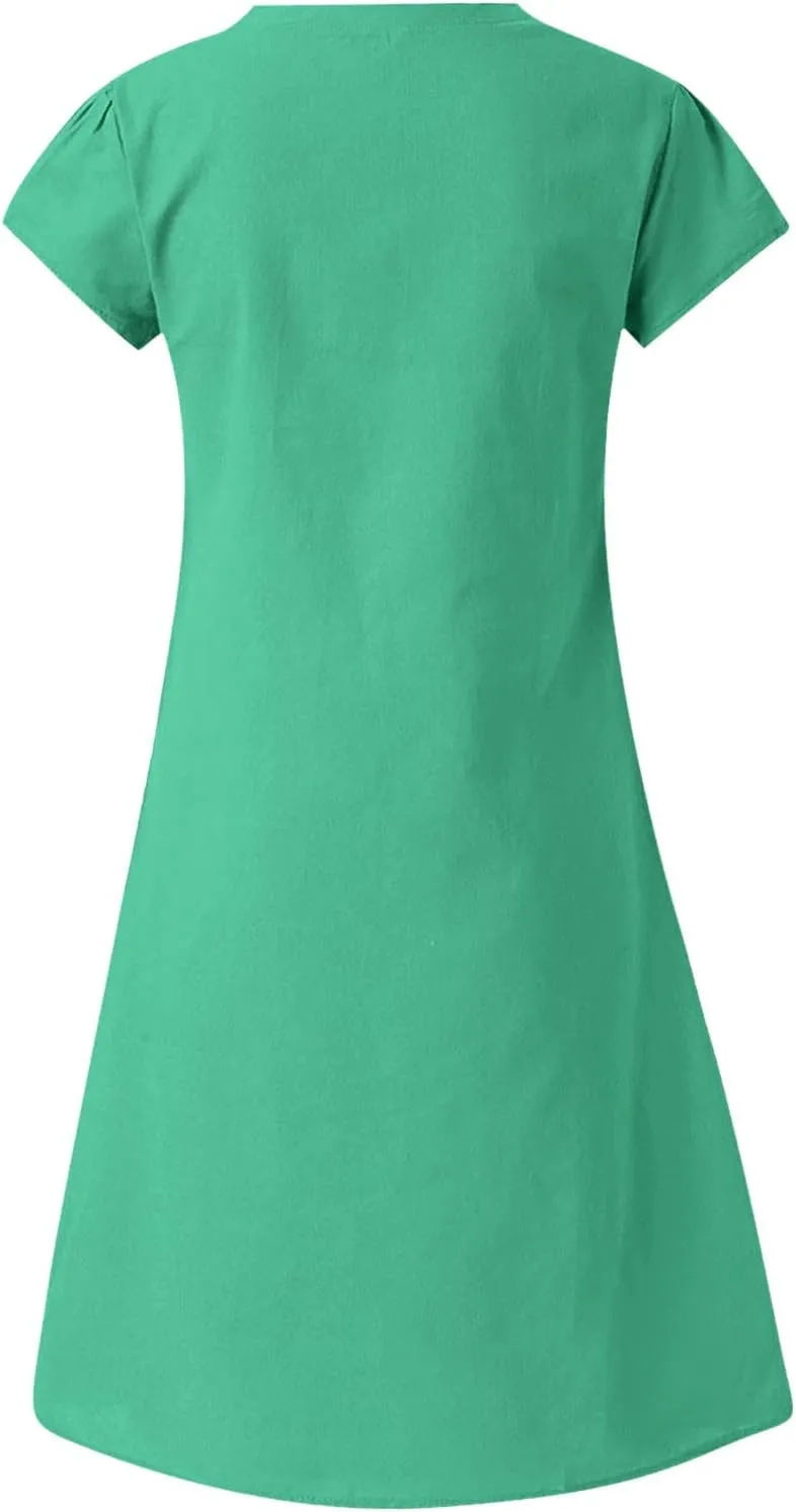 Summer Dresses for Women 2025 Short Sleeve Cotton Linen Knee Lenght Dresses Plus Size V Neck Spring Beach Vacation Clothes