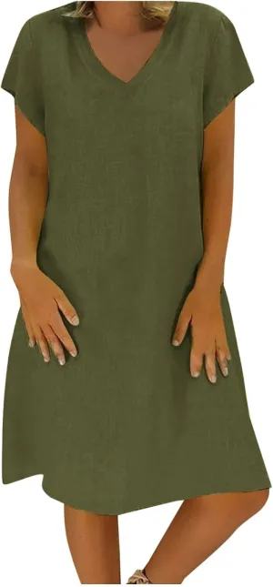 Summer Dresses for Women 2025 Short Sleeve Cotton Linen Knee Lenght Dresses Plus Size V Neck Spring Beach Vacation Clothes