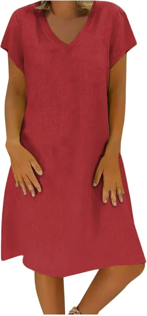 Summer Dresses for Women 2025 Short Sleeve Cotton Linen Knee Lenght Dresses Plus Size V Neck Spring Beach Vacation Clothes