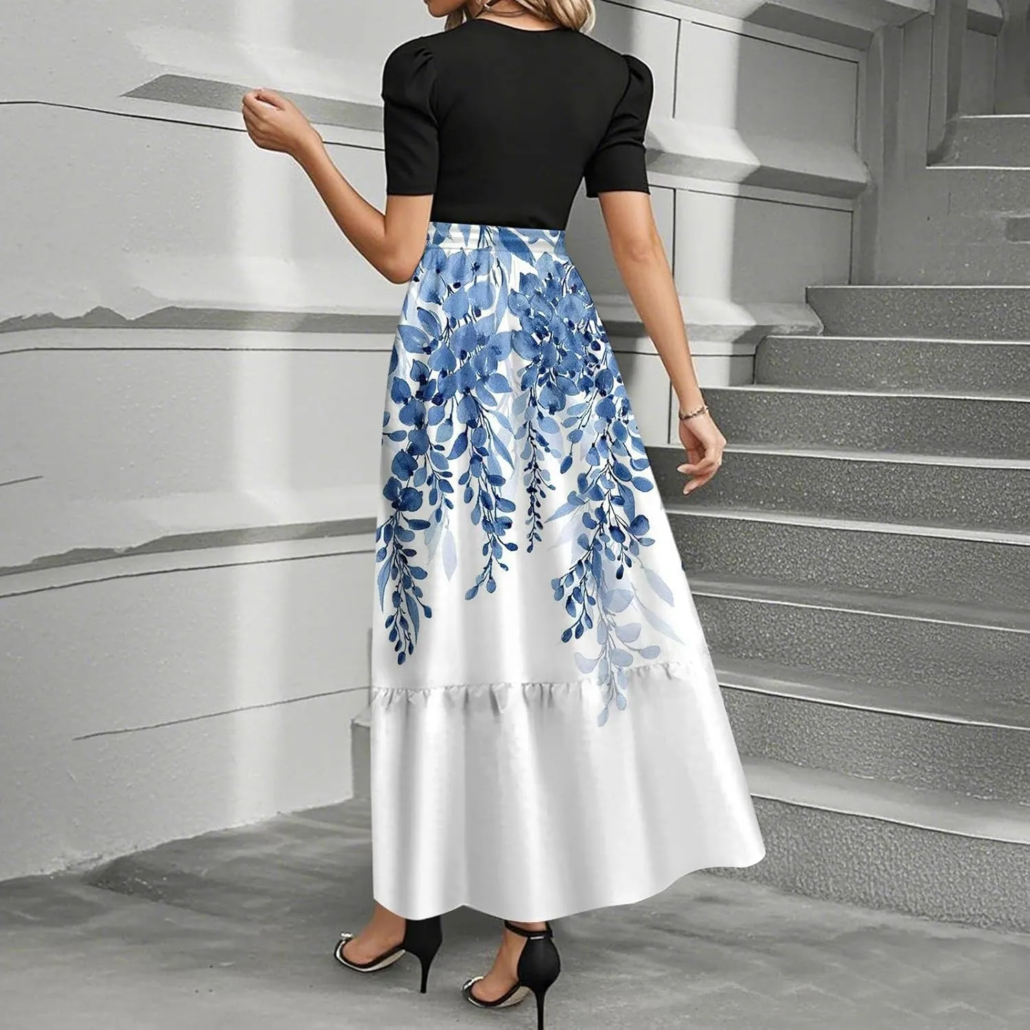 Summer Dresses for Women 2025 Short Sleeve Floral Long Dress Elegant Party Cocktail A Line Flowy Maxi Dress