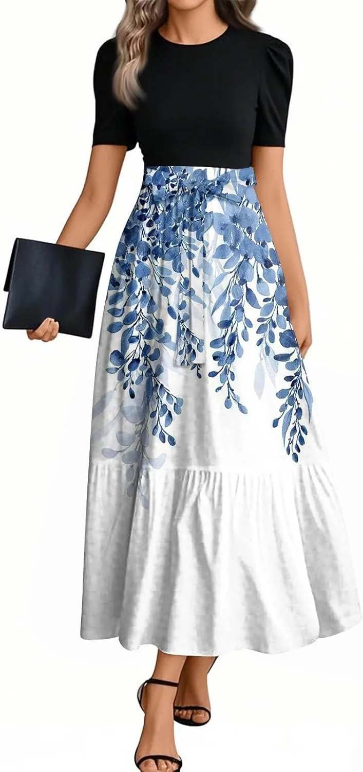 Summer Dresses for Women 2025 Short Sleeve Floral Long Dress Elegant Party Cocktail A Line Flowy Maxi Dress