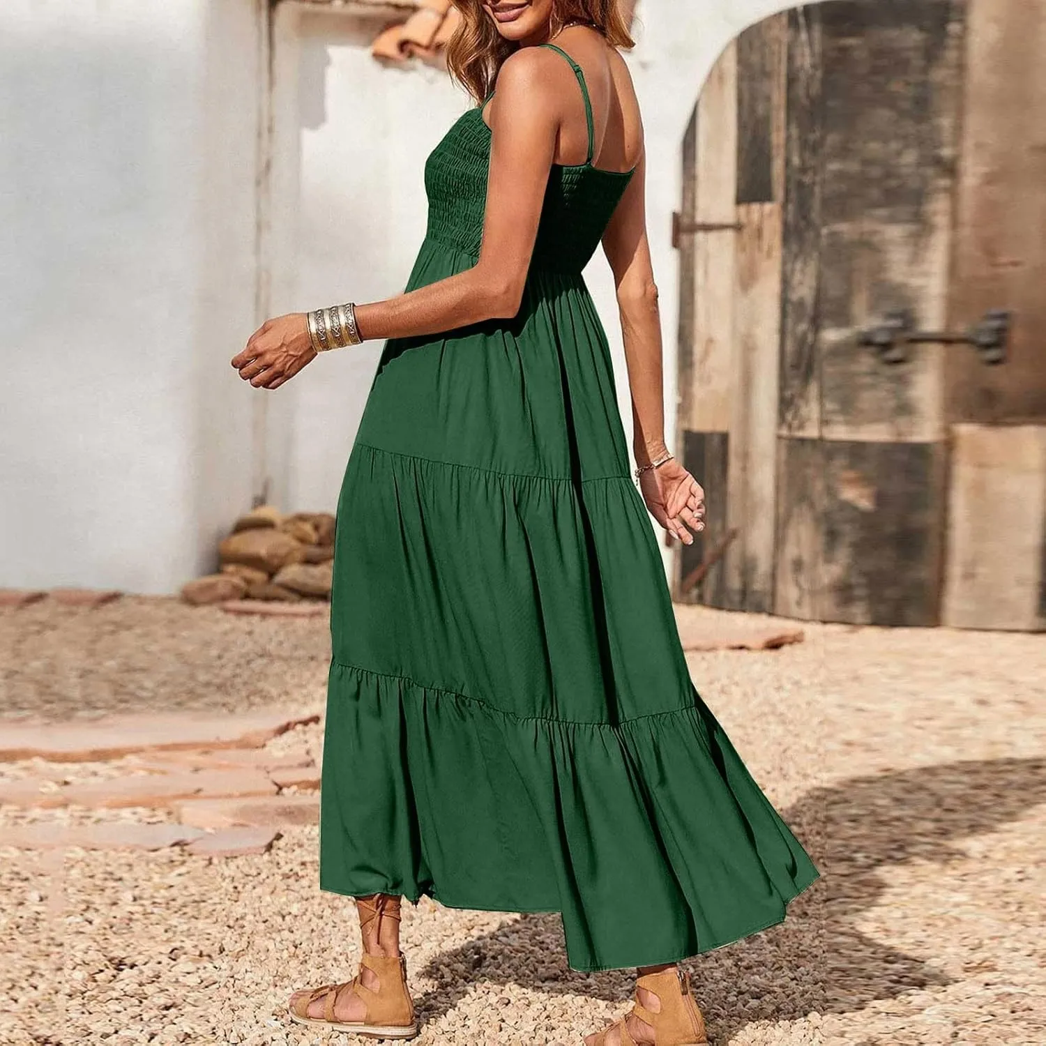 Summer Dresses for Women 2025 Sleeveless Spaghetti Strap Smocked Maxi Dress Boho Ruffle Tiered Long Beach Sundresses