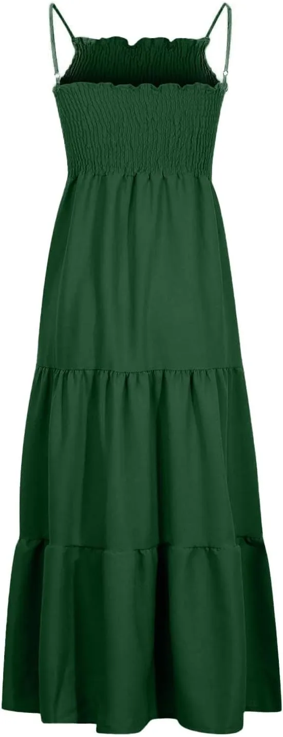 Summer Dresses for Women 2025 Sleeveless Spaghetti Strap Smocked Maxi Dress Boho Ruffle Tiered Long Beach Sundresses
