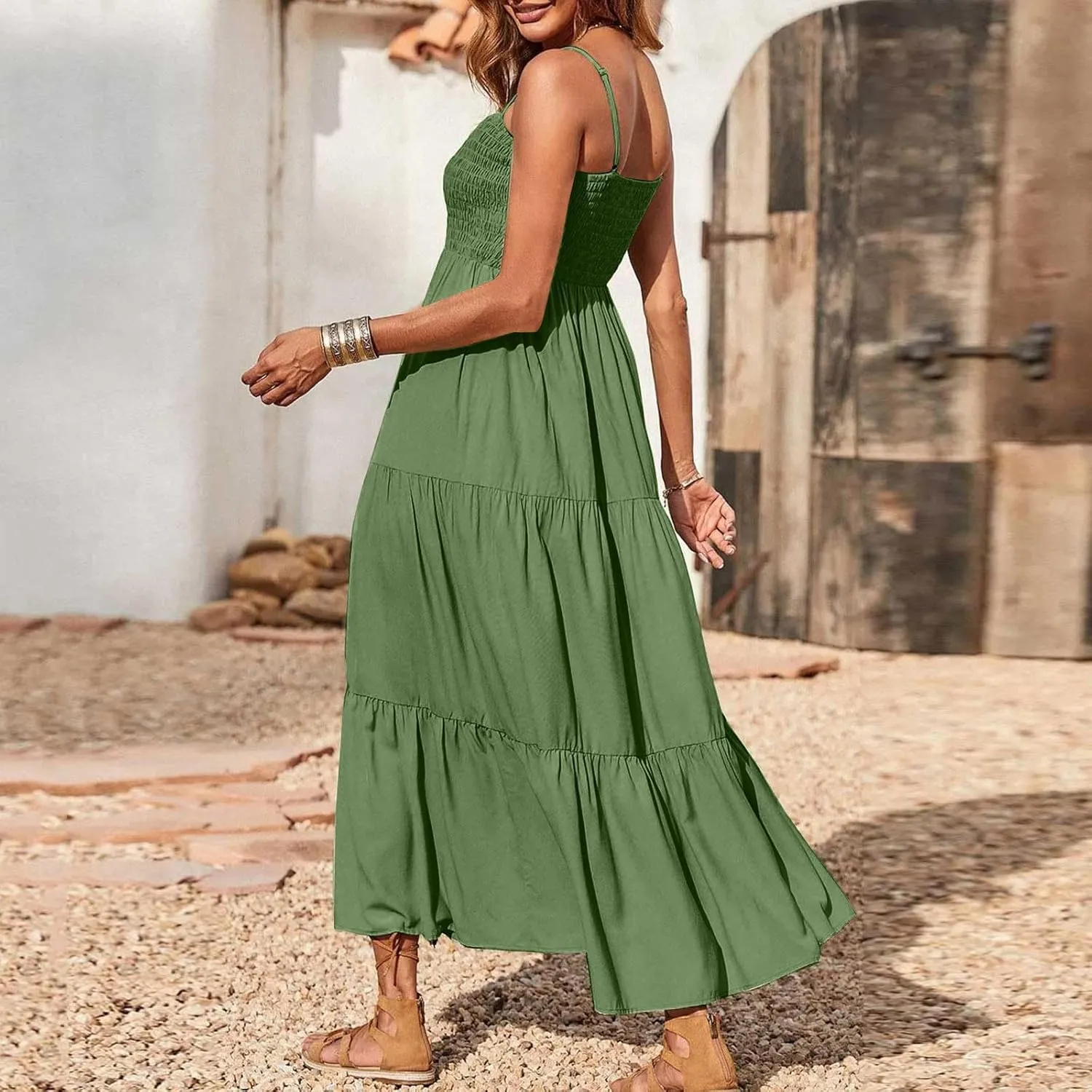 Summer Dresses for Women 2025 Sleeveless Spaghetti Strap Smocked Maxi Dress Boho Ruffle Tiered Long Beach Sundresses