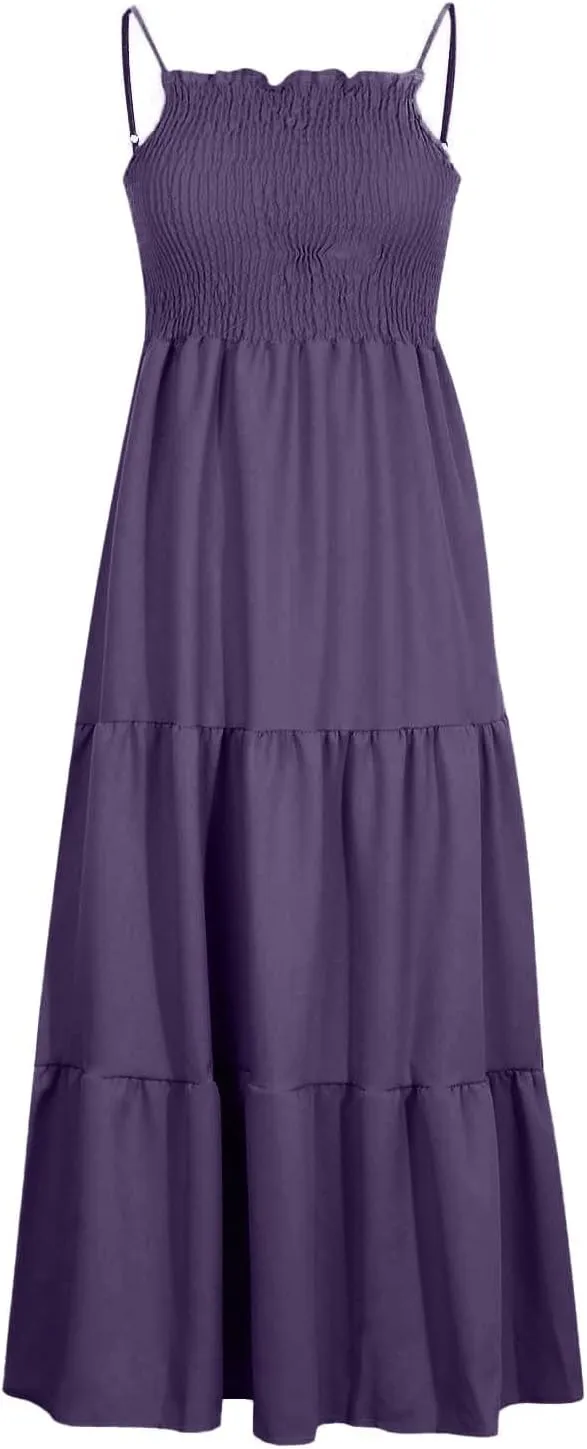Summer Dresses for Women 2025 Sleeveless Spaghetti Strap Smocked Maxi Dress Boho Ruffle Tiered Long Beach Sundresses