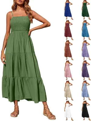 Summer Dresses for Women 2025 Sleeveless Spaghetti Strap Smocked Maxi Dress Boho Ruffle Tiered Long Beach Sundresses