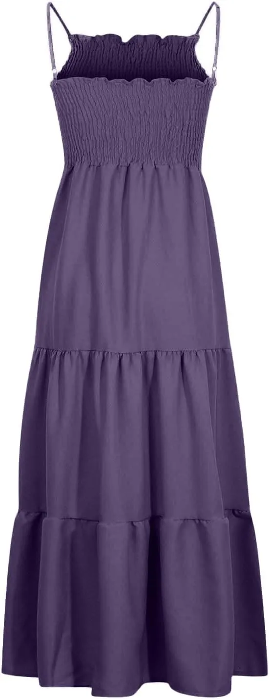Summer Dresses for Women 2025 Sleeveless Spaghetti Strap Smocked Maxi Dress Boho Ruffle Tiered Long Beach Sundresses