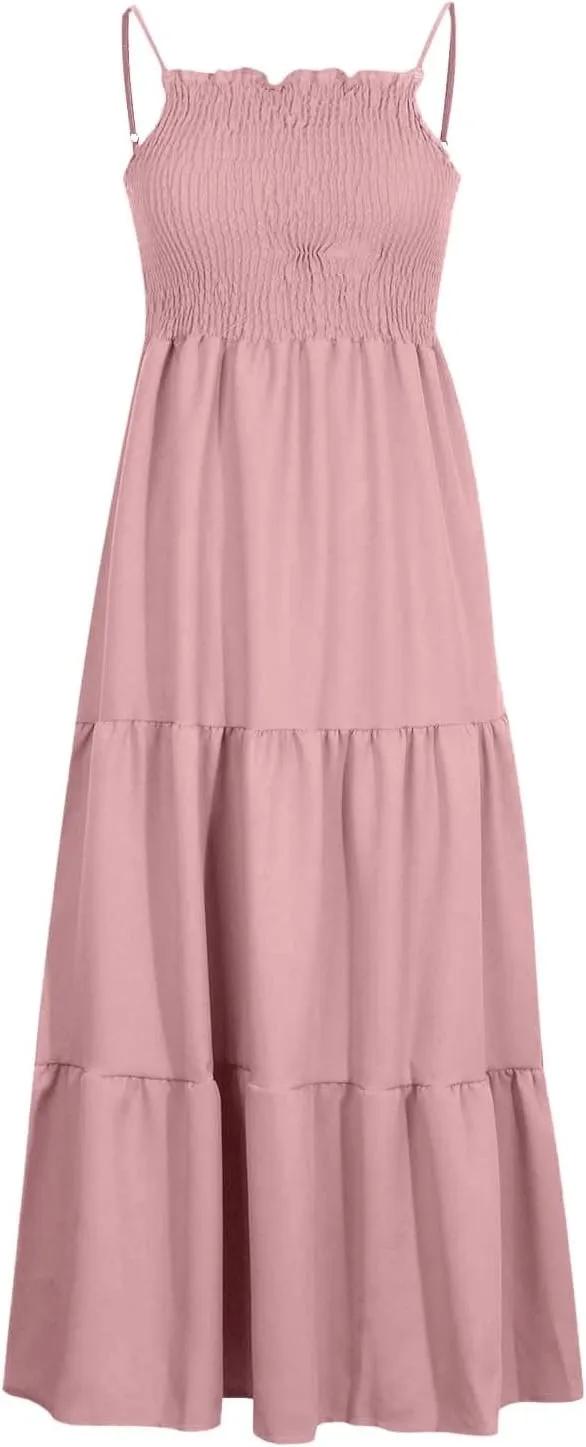 Summer Dresses for Women 2025 Sleeveless Spaghetti Strap Smocked Maxi Dress Boho Ruffle Tiered Long Beach Sundresses