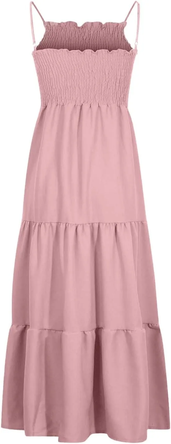 Summer Dresses for Women 2025 Sleeveless Spaghetti Strap Smocked Maxi Dress Boho Ruffle Tiered Long Beach Sundresses
