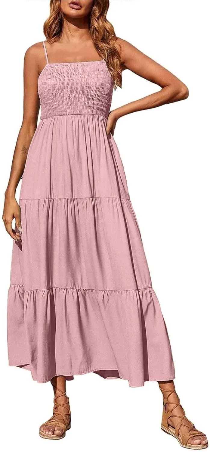 Summer Dresses for Women 2025 Sleeveless Spaghetti Strap Smocked Maxi Dress Boho Ruffle Tiered Long Beach Sundresses