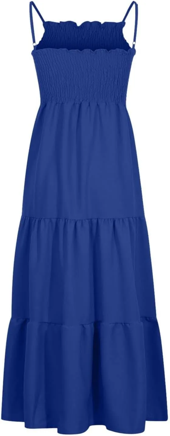 Summer Dresses for Women 2025 Sleeveless Spaghetti Strap Smocked Maxi Dress Boho Ruffle Tiered Long Beach Sundresses