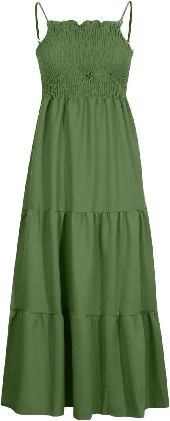 Summer Dresses for Women 2025 Sleeveless Spaghetti Strap Smocked Maxi Dress Boho Ruffle Tiered Long Beach Sundresses
