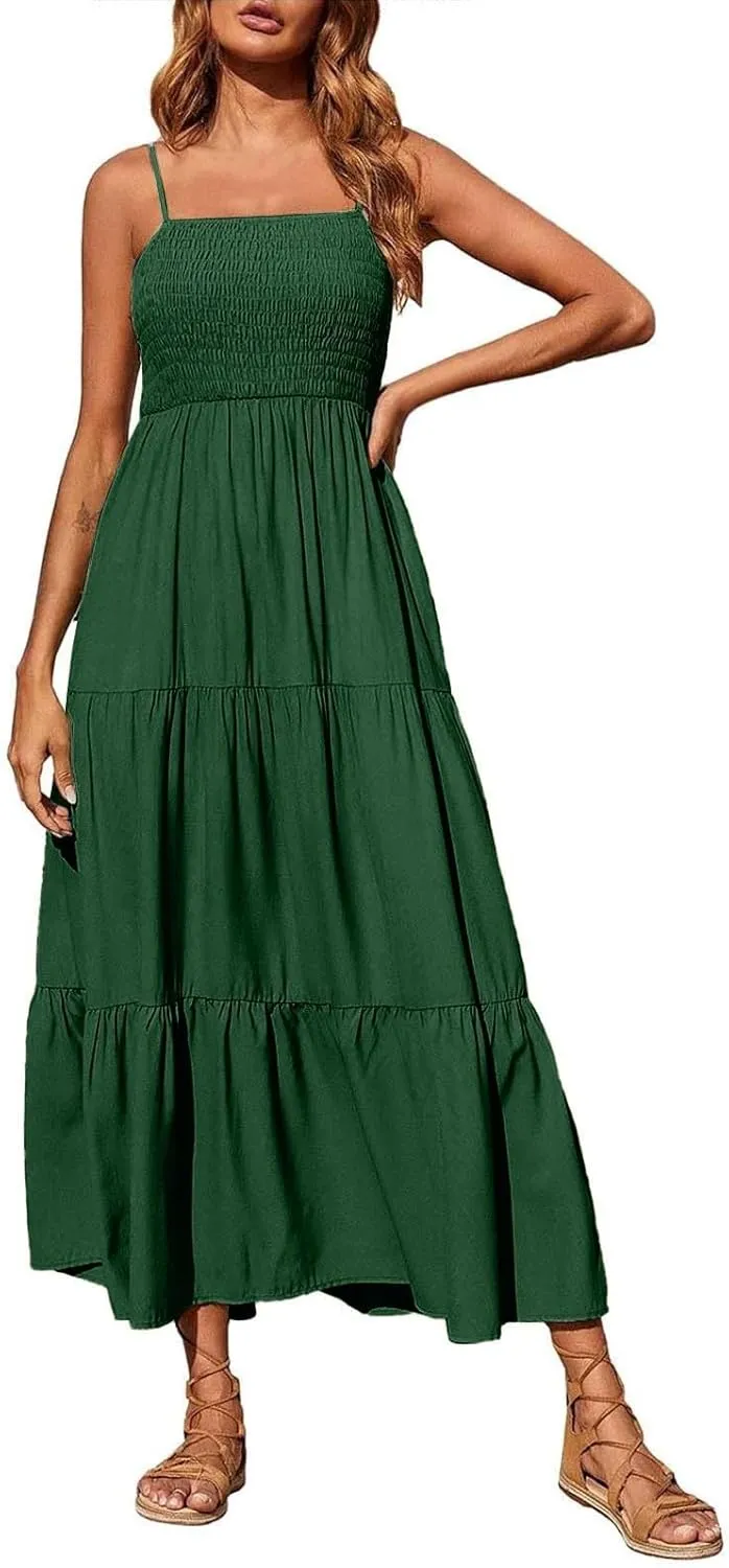 Summer Dresses for Women 2025 Sleeveless Spaghetti Strap Smocked Maxi Dress Boho Ruffle Tiered Long Beach Sundresses