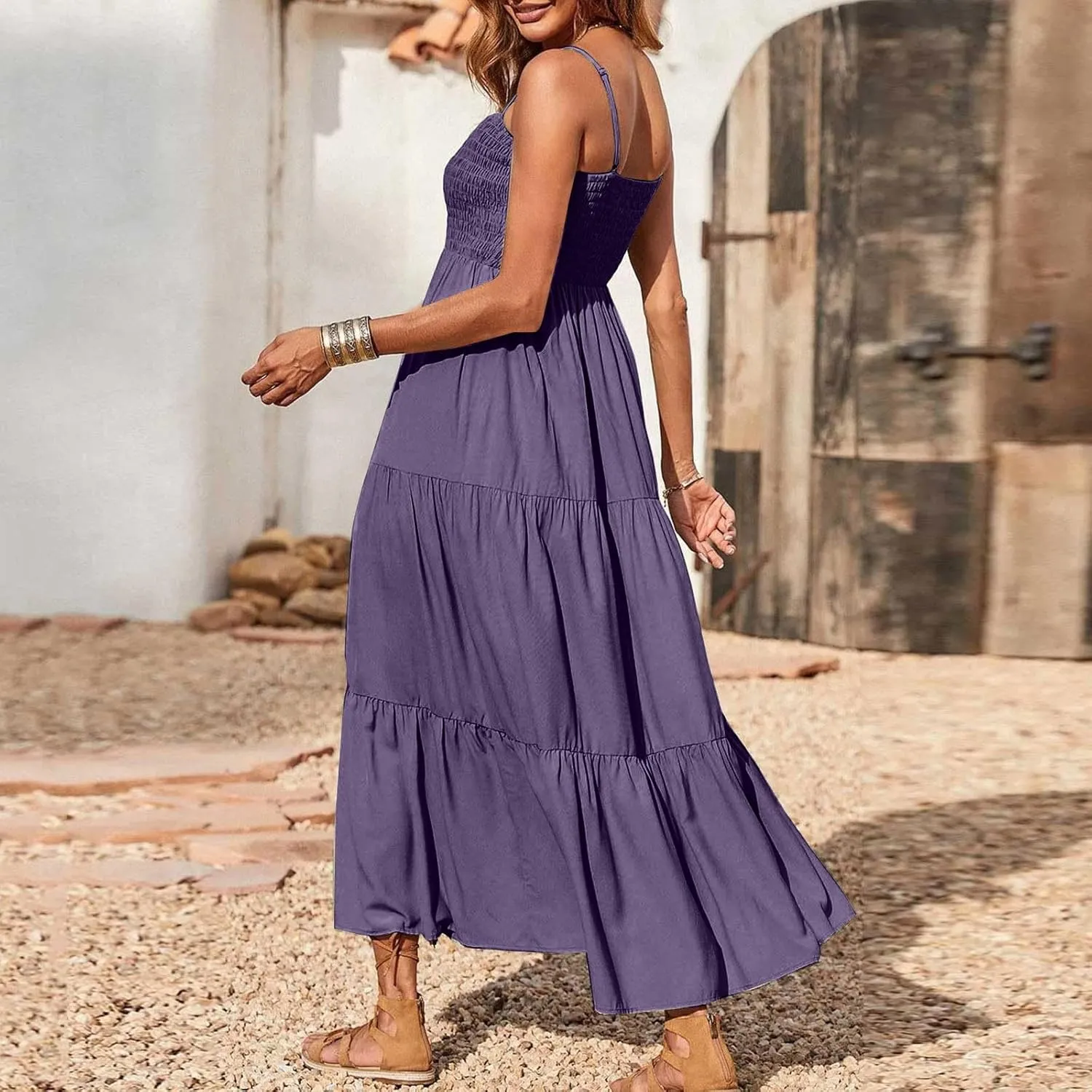 Summer Dresses for Women 2025 Sleeveless Spaghetti Strap Smocked Maxi Dress Boho Ruffle Tiered Long Beach Sundresses