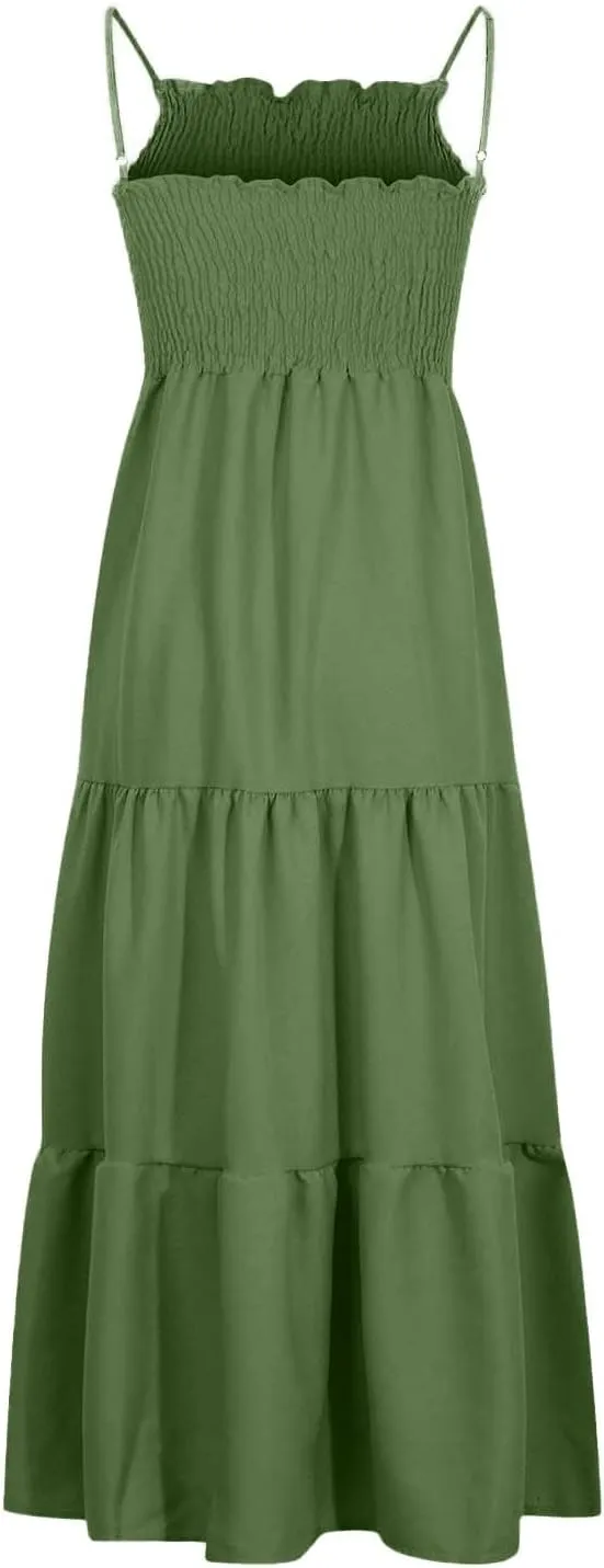 Summer Dresses for Women 2025 Sleeveless Spaghetti Strap Smocked Maxi Dress Boho Ruffle Tiered Long Beach Sundresses