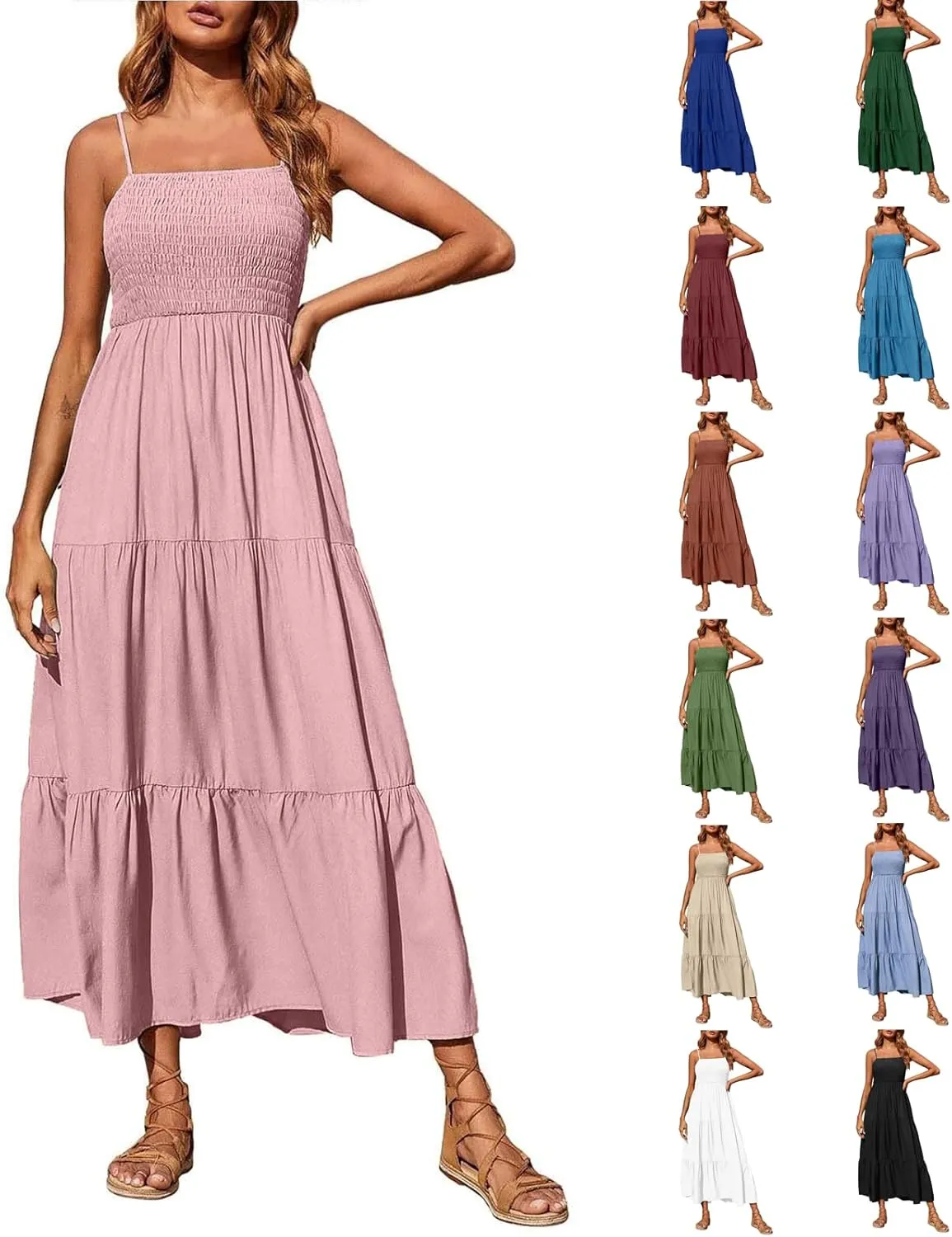 Summer Dresses for Women 2025 Sleeveless Spaghetti Strap Smocked Maxi Dress Boho Ruffle Tiered Long Beach Sundresses