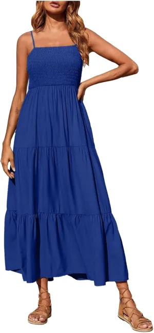 Summer Dresses for Women 2025 Sleeveless Spaghetti Strap Smocked Maxi Dress Boho Ruffle Tiered Long Beach Sundresses