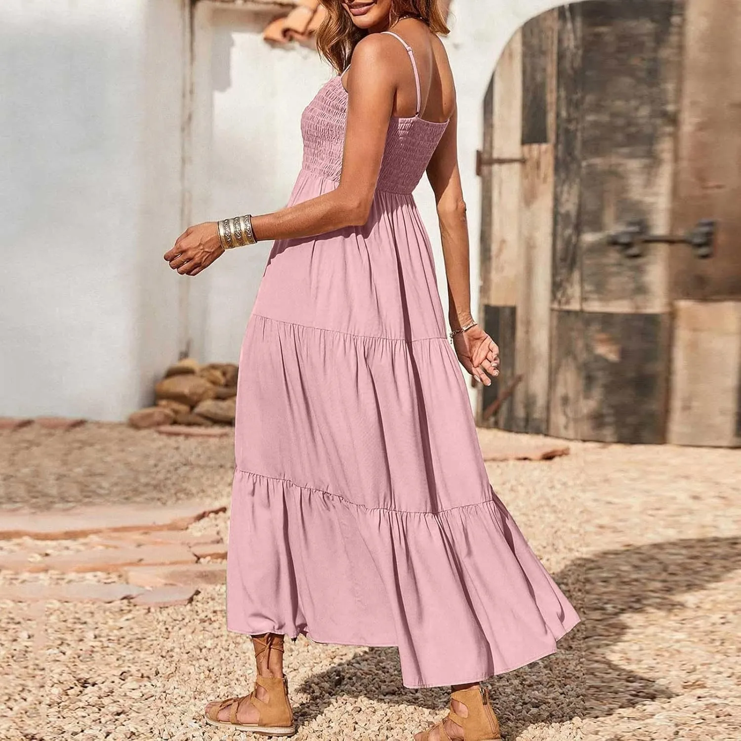 Summer Dresses for Women 2025 Sleeveless Spaghetti Strap Smocked Maxi Dress Boho Ruffle Tiered Long Beach Sundresses