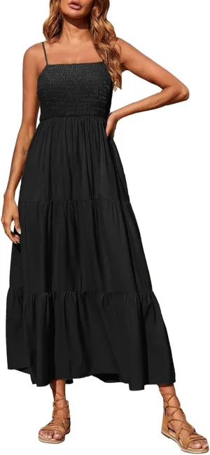Summer Dresses for Women 2025 Sleeveless Spaghetti Strap Smocked Maxi Dress Boho Ruffle Tiered Long Beach Sundresses