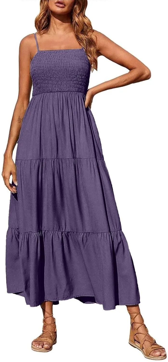 Summer Dresses for Women 2025 Sleeveless Spaghetti Strap Smocked Maxi Dress Boho Ruffle Tiered Long Beach Sundresses