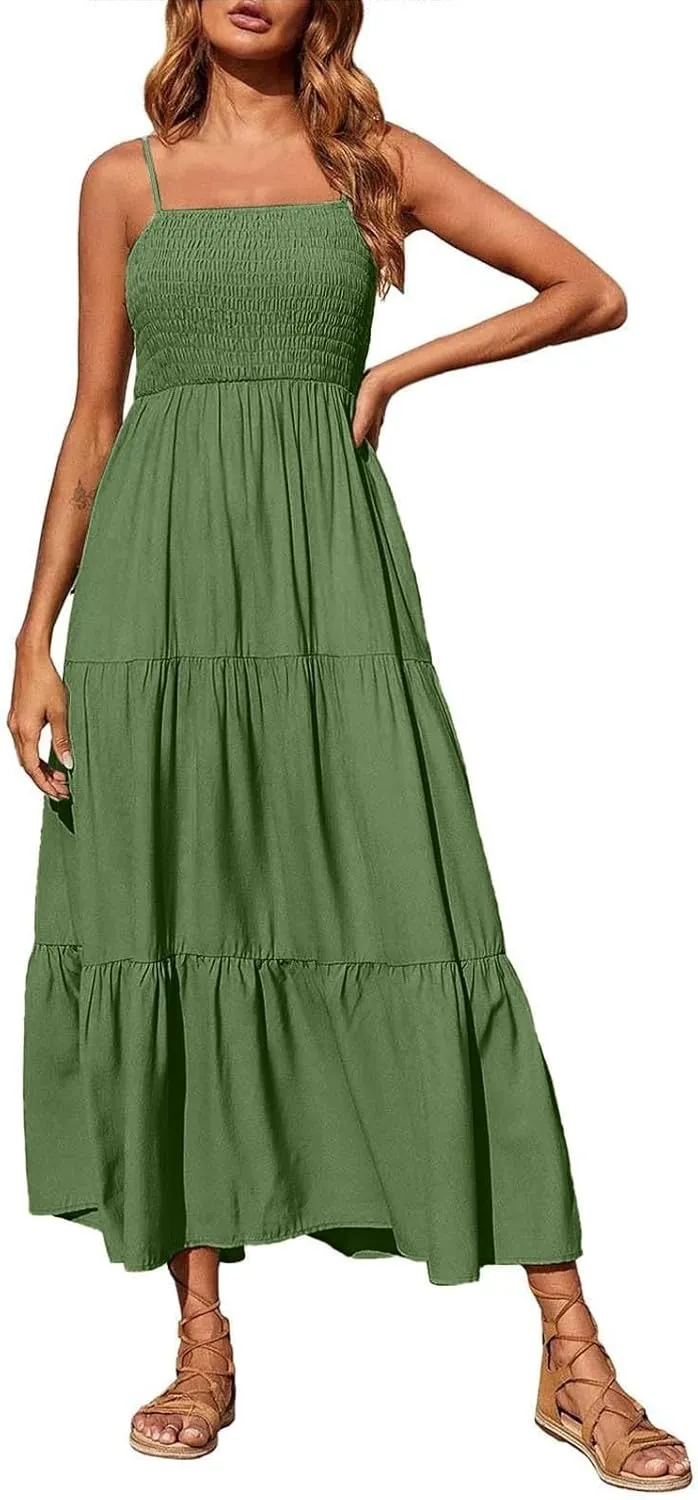 Summer Dresses for Women 2025 Sleeveless Spaghetti Strap Smocked Maxi Dress Boho Ruffle Tiered Long Beach Sundresses
