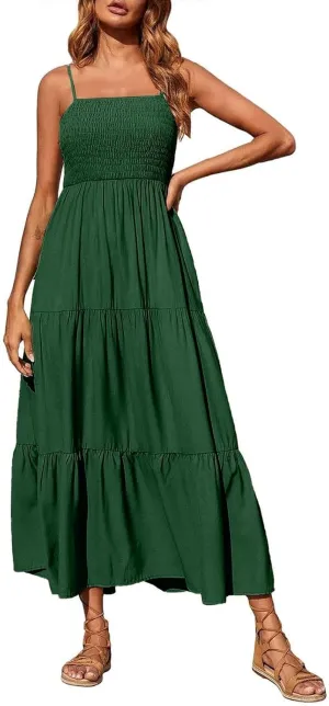 Summer Dresses for Women 2025 Sleeveless Spaghetti Strap Smocked Maxi Dress Boho Ruffle Tiered Long Beach Sundresses