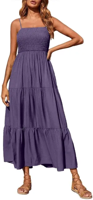 Summer Dresses for Women 2025 Sleeveless Spaghetti Strap Smocked Maxi Dress Boho Ruffle Tiered Long Beach Sundresses