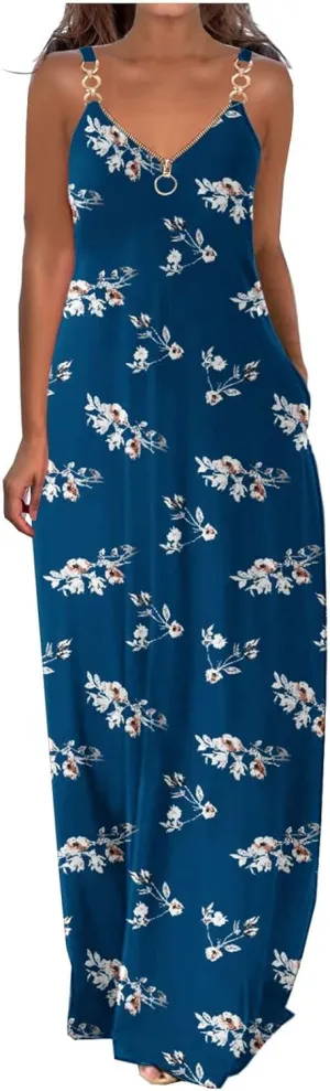 Summer Dresses for Women Casual Beach Spaghetti Strap Maxi Long Dress Sleeveless Sun Dresses Trendy Vacation Clothes