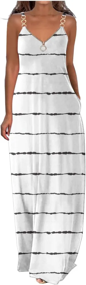Summer Dresses for Women Casual Beach Spaghetti Strap Maxi Long Dress Sleeveless Sun Dresses Trendy Vacation Clothes