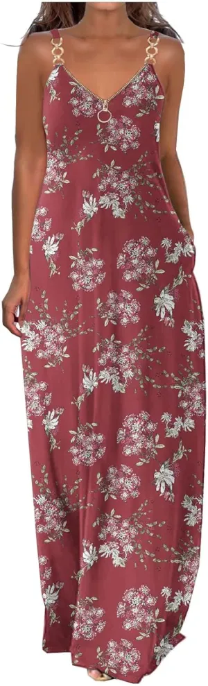Summer Dresses for Women Casual Beach Spaghetti Strap Maxi Long Dress Sleeveless Sun Dresses Trendy Vacation Clothes