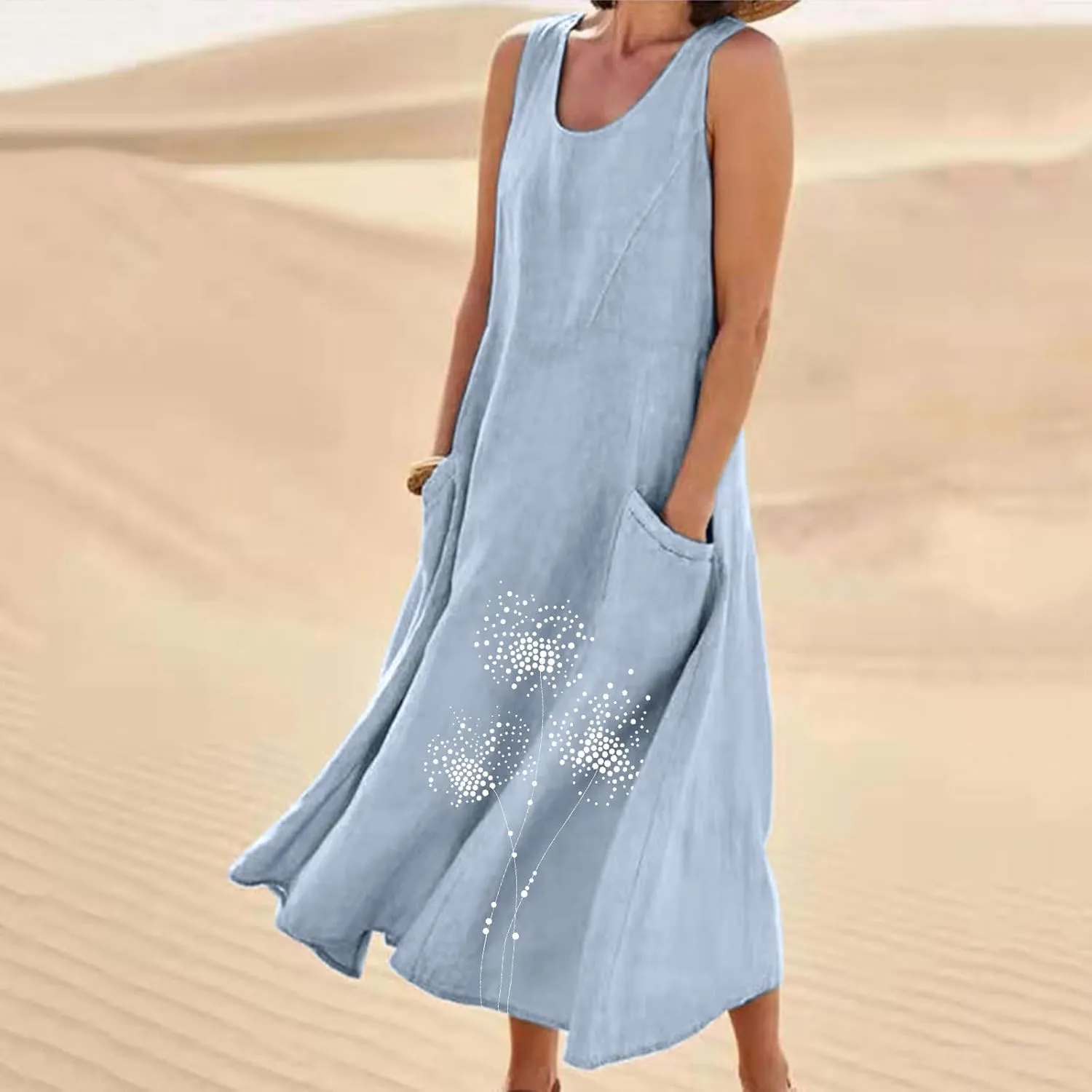 Summer Dresses for Women Casual Sleeveless Cotton Linen Elegante Maxi Dress Plus Size Floral Sundresses with Pockets